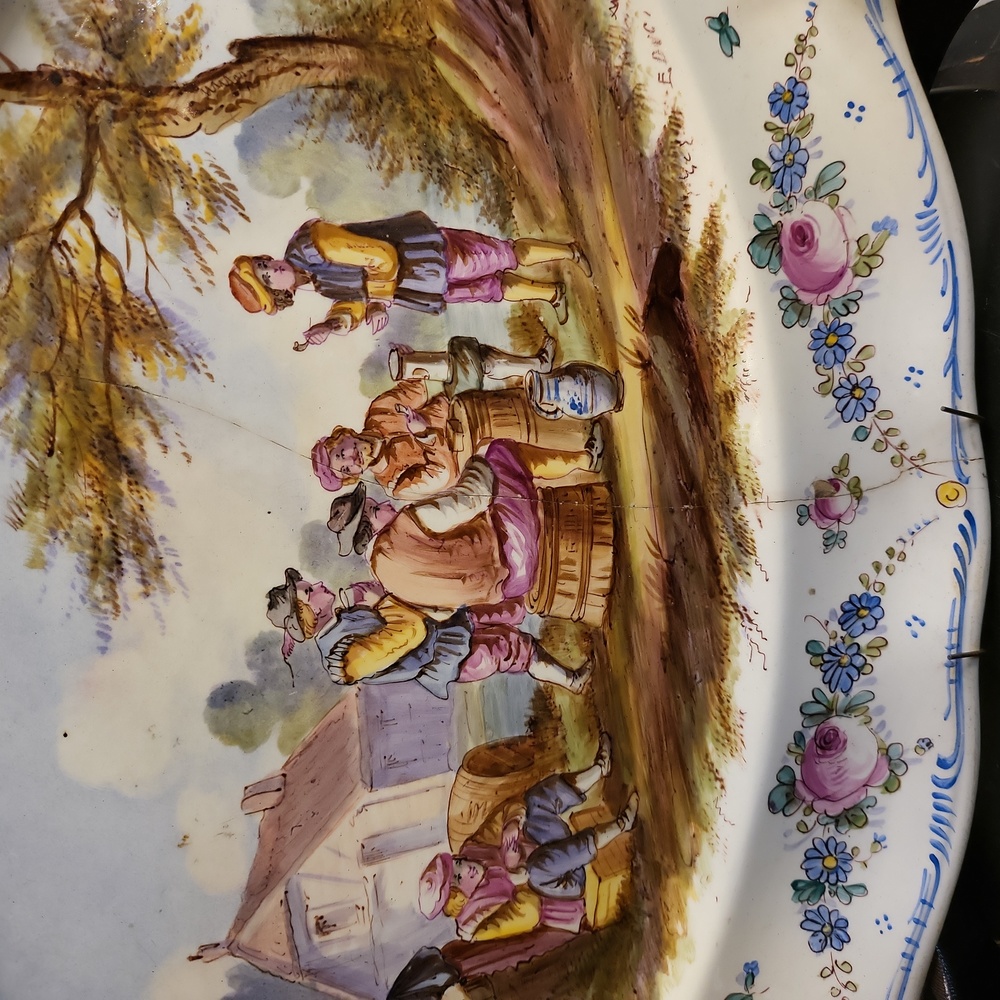 Antique Multicolor Platter Pink Roses Blue Flower Design Around Edge Lil… - Picture 3 of 16